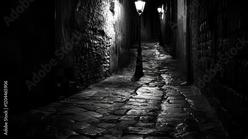 Eerie nighttime alleyway with cobblestones and dim streetlights in black and white