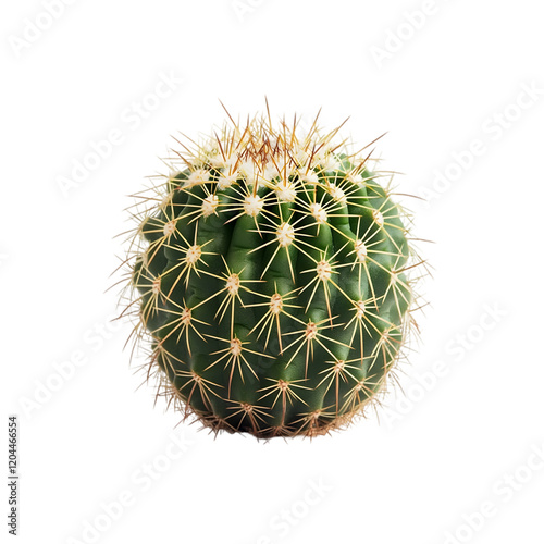 Close-up of a Spherical Green Cactus with Spines Isolated on Bla photo