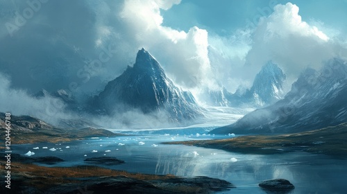 Majestic Mountain Range with Ice Floes in a Calm Lake Under Cloudy Skies