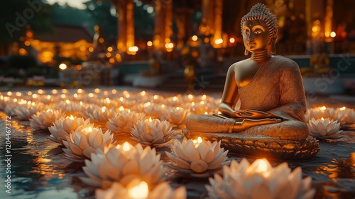 Golden Buddha statue surrounded by glowing lotus candles on water during Parinirvana Day celebration, symbolizing peace and enlightenment, warm tones of gold, orange, and serene evening light photo