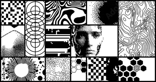 Сollage of several rectangles containing various abstract images and textures. Vector illustration in Industrial pixel art style.