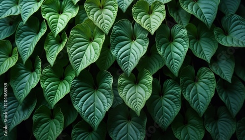 Heart-shaped green leaves densely packed together create vibrant nature backdrop. Intricate leaf veins pattern. Close-up view suggests fresh foliage. Perfect for nature theme design projects.