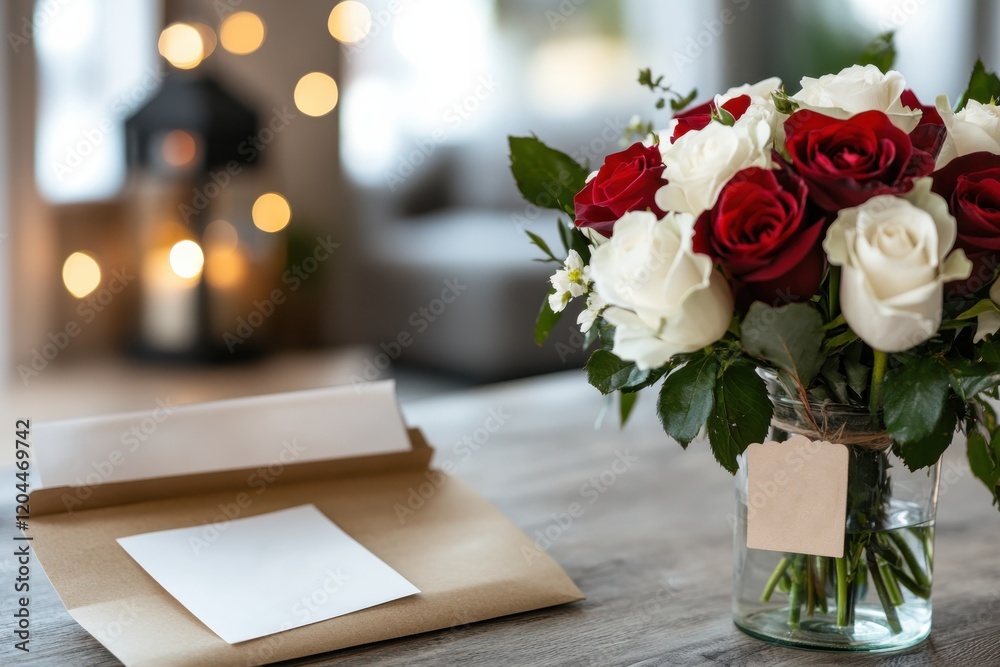 Obraz premium A charming glass jar vase filled with red and white roses stands on a table, representing love, purity, and admiration, perfect for brightening any space.