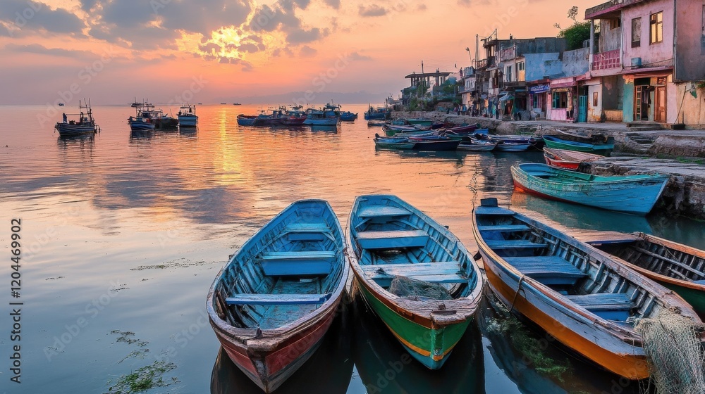Fototapeta premium Coastal Village Sunset Boats Harbor Scene