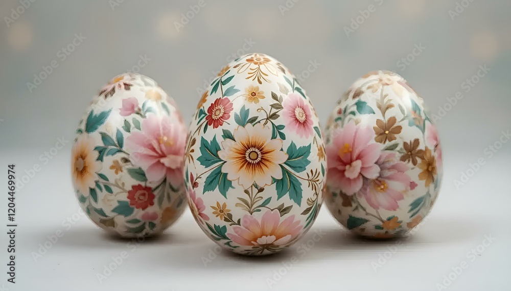 Elegant easter eggs with floral patterns, beautifully arranged on soft background