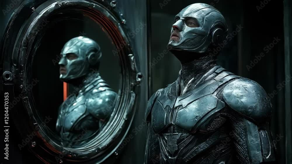 Unrecognizable man superhero in dark costume standing near mirror with reflection, anonymous warrior portrait showing double image in modern interior. Mystery, hidden identity and inner power