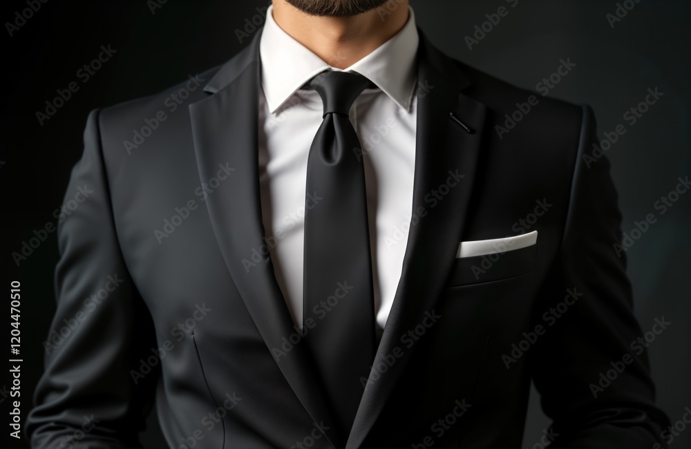 Close-up view of man wearing elegant black suit, white shirt with black tie. Formal attire suggests business event wedding. Man looks confident, stylish. Focus on suit details. Modern style, Close-up view of man wearing elegant black suit, white shirt with black tie. Formal attire suggests business event wedding. Man looks confident, stylish. Focus on suit details. Modern style,