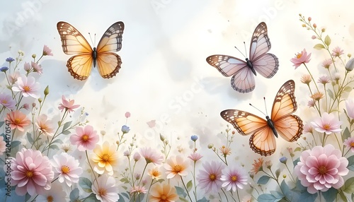 Wallpaper Mural Colorful butterflies flying among blooming flowers in a vibrant watercolor backdrop Torontodigital.ca