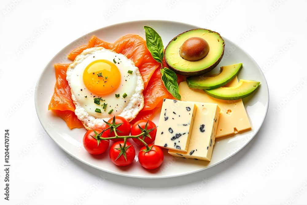 Classic breakfast with sunny-side-up egg, sliced salmon, avocado, assorted cheeses, and tomatoes on a bright white plate, showcasing healthy eating concept. Classic breakfast with sunny-side-up egg, sliced salmon, avocado, assorted cheeses, and tomatoes on a bright white plate, showcasing healthy eating concept.