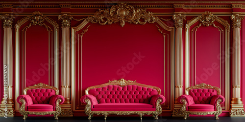 Opulent crimson seating in a regal gold and crimson room.  Perfect for luxury, elegance, and royalty themed projects. photo