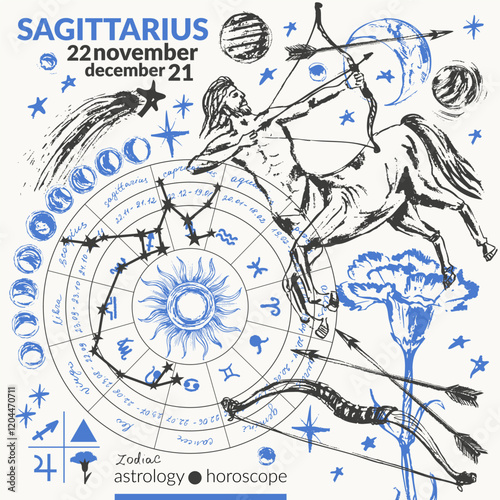 Hand drawn sagittarius zodiac signs illustration, horoscope background with astrology symbols and talismans