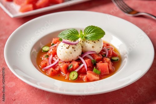 Vibrant watermelon gazpacho with mozzarella balls and fresh herbs served in a white bowl, high-resolution food photography, culinary delight.