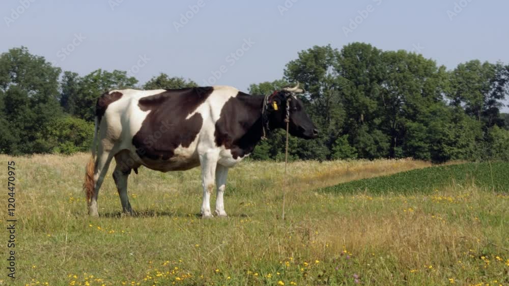 Black and white dairy cow grazing on verdant meadow, surrounded by small yellow wildflowers, looking around during bright sunny summer day with distant trees forming pastoral landscape background
Black and white dairy cow grazing on verdant meadow, surrounded by small yellow wildflowers, looking around during bright sunny summer day with distant trees forming pastoral landscape background