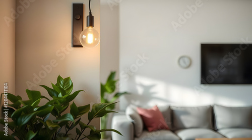 Modern living room with a light switch and lush greenery.