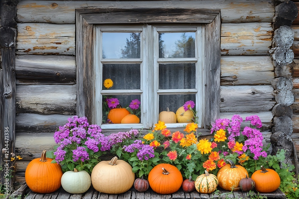 Naklejka premium Autumnal Decor at a Rustic Farmhouse Window