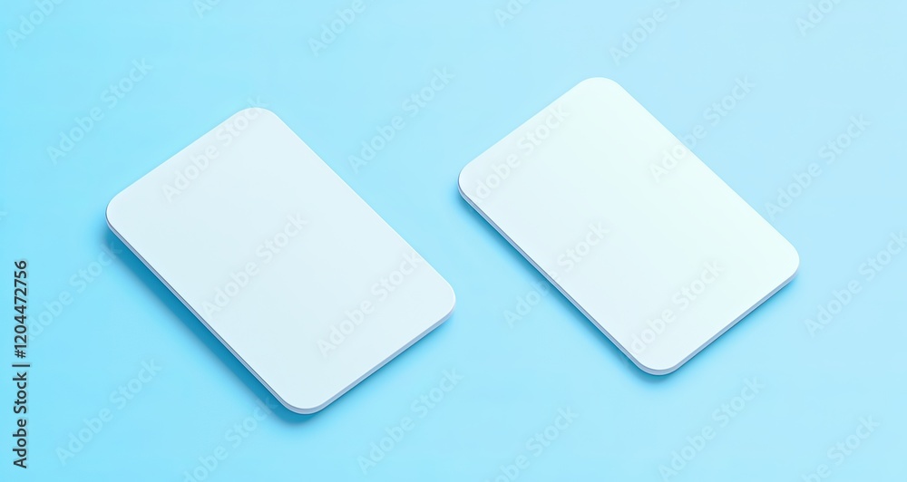 Two Blank White Plastic Card Mockups with Rounded and Rectangular Corners on Light Blue Background Two Blank White Plastic Card Mockups with Rounded and Rectangular Corners on Light Blue Background