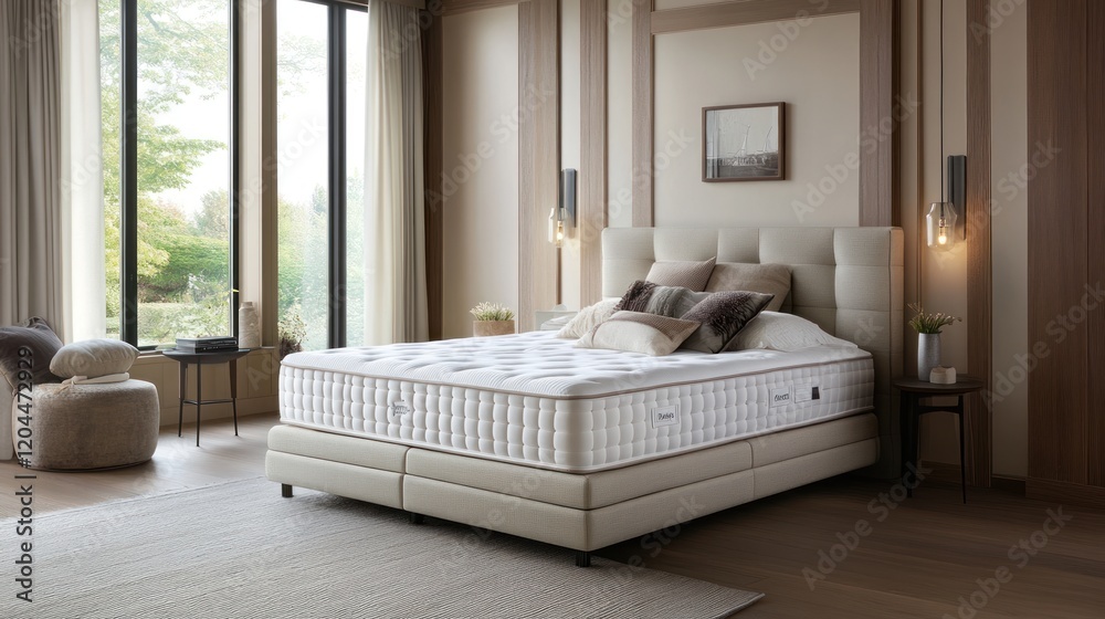 © gania - Elegant bedroom interior featuring a comfortable mattress with luxury bedding and soft decor