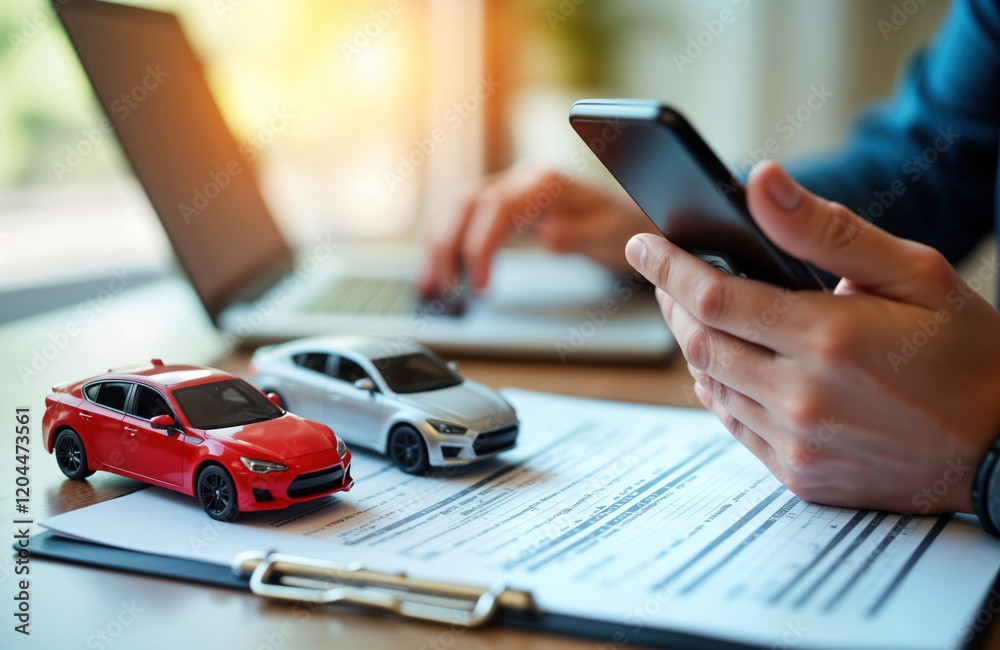 Fototapeta premium Person comparing car insurance rates using smartphone among model cars, paperwork. Online comparison of car insurance rates. Client on desk comparing insurance quotes. Person researches insurance