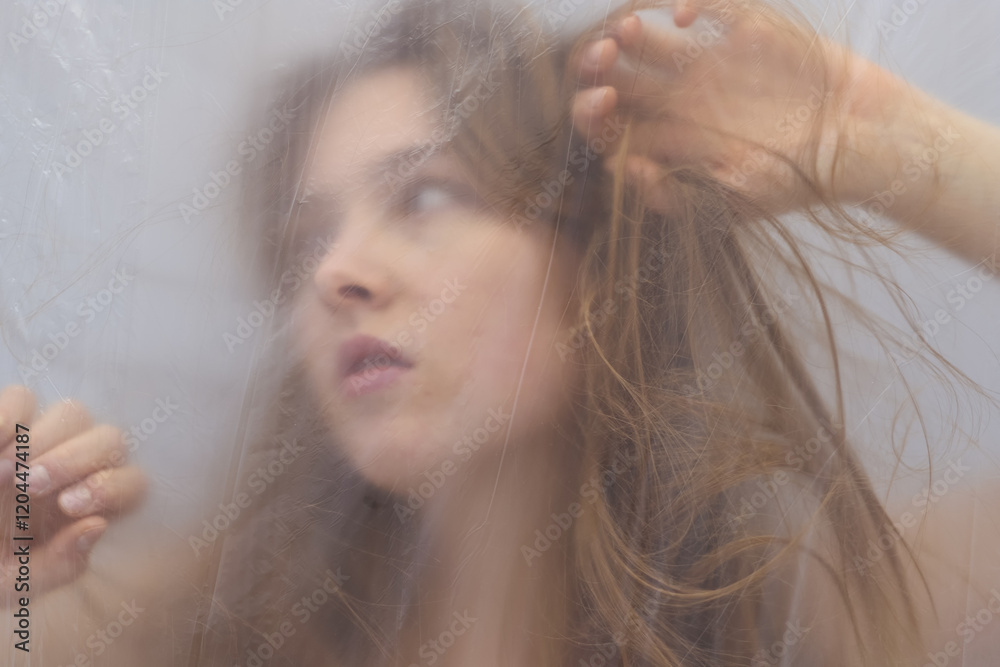 Fototapeta premium sensual woman, softly blurred behind a translucent plastic foil, gazes thoughtfully with flowing hair and delicate hands, evoking mystery, intimacy, and an ethereal sense of beauty