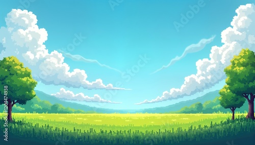 Peaceful pixel art landscape shows sunny day with vibrant blue sky filled with fluffy clouds. Green field stretches across middle ground. Two trees stand at sides of field. Style suggests game