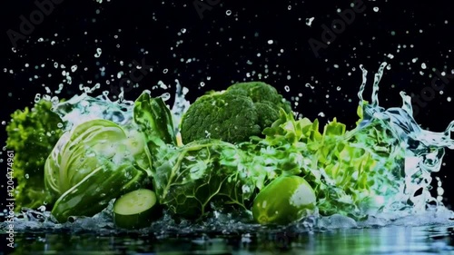 Vibrant green vegetables sit under splashes of water, appearing freshly washed. This still life of healthy produce suggests a natural, clean appeal
