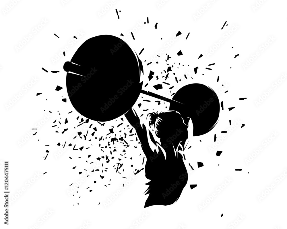 Weightlifting, woman lifting big barbell, bodybuilding. Isolated vector silhouette, dispersion effect, female bodybuilder logo