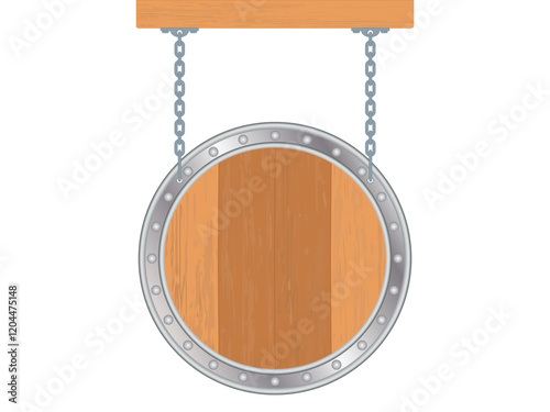 Wooden board with wrought iron edge hung in chains, vector illustration