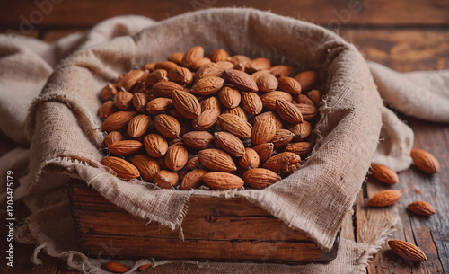 A basket of almonds is sitting on a wooden table. The almonds are scattered around the basket, and the basket is covered in a cloth. Concept of abundance and indulgence, as the almonds are a popular photo