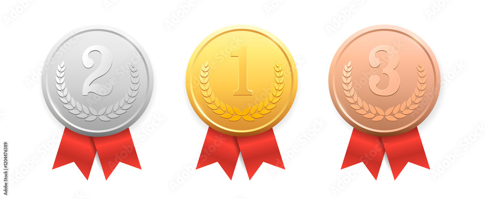 Gold, Silver, Bronze medals. Metal realistic badge with First, Second, Third place achievement. Round Label With Red Ribbon. Winner Prize. Competition Trophy. JPG image Gold, Silver, Bronze medals. Metal realistic badge with First, Second, Third place achievement. Round Label With Red Ribbon. Winner Prize. Competition Trophy. JPG image