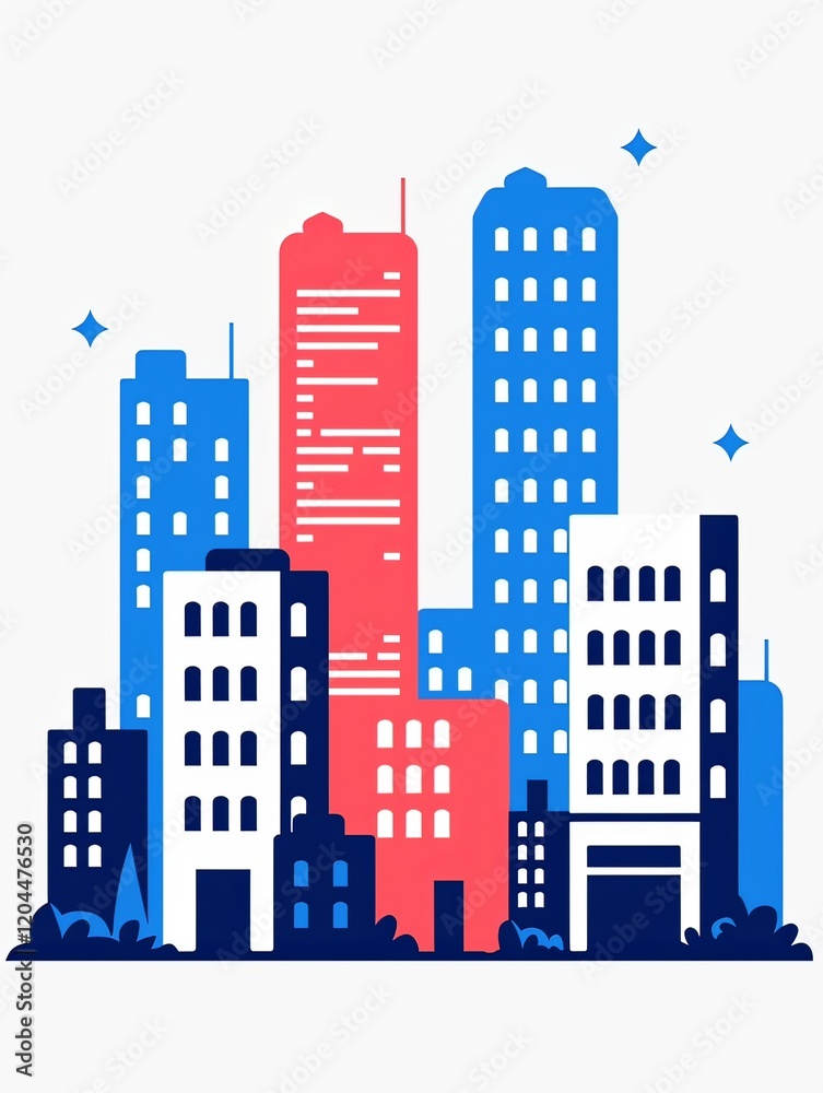 Fototapeta premium Simple City Buildings in Blue and Red Colors on White Background