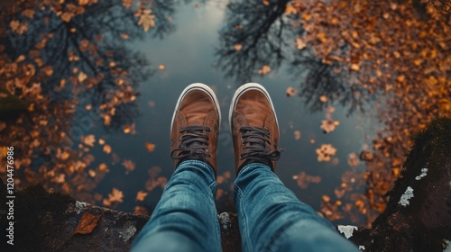 Standing on a fall-clad bridge, feet capture the reflective pond below, leaves floating on its serene surface, symbolizing change and perspective. photo