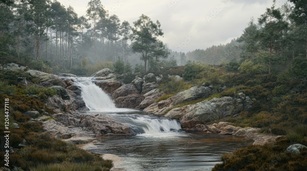 Fototapeta premium Misty Forest Waterfall Cascading Over Rocks