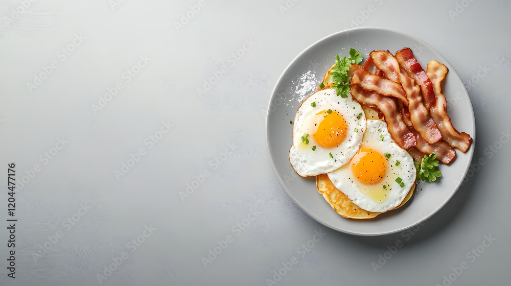 Delicious Breakfast Plate with Fried Eggs, Crispy Bacon, and Pancakes
