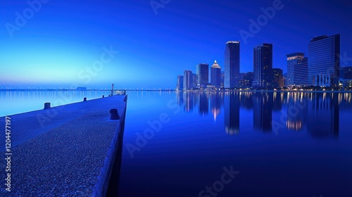 Predawn cityscape reflected in calm harbor waters from pier. photo