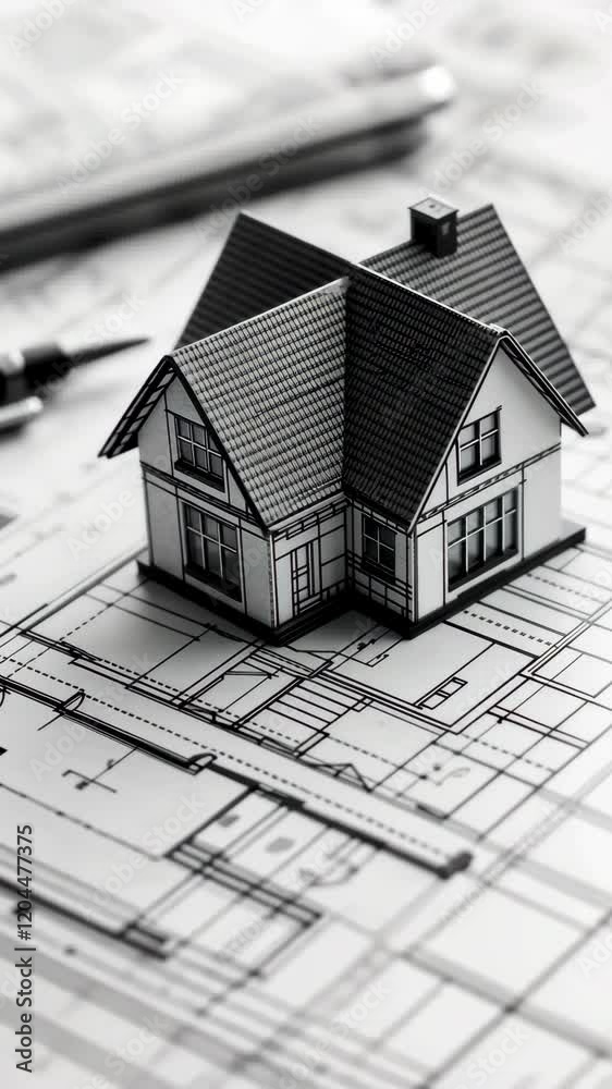 Miniature house model on architectural blueprints in a design studio showcasing planning and creativity Miniature house model on architectural blueprints in a design studio showcasing planning and creativity