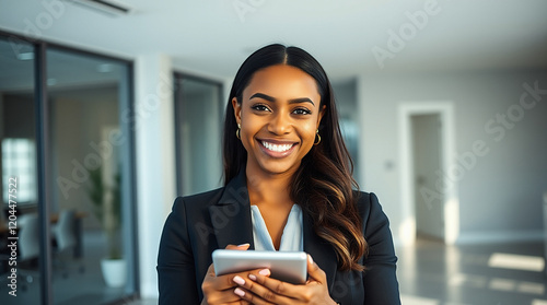 Portrait of young professional business woman standing in office. Happy female company executive, smiling business woman entrepreneur corporate leader manager looking at camera using tablet