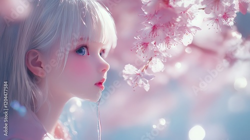 A dreamy, ethereal portrait of a young girl framed by delicate cherry blossoms, her serene gaze infused with blossom-pink warmth under soft blue tones. photo