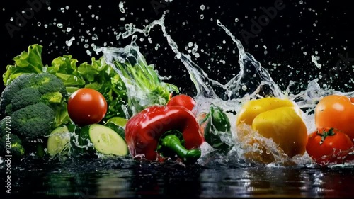 Vibrant green vegetables sit under splashes of water, appearing freshly washed. This still life of healthy produce suggests a natural, clean appeal