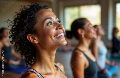Happy mixed race woman smiles during yoga class. Group of people practicing yoga in indoor hall. Relaxation, concentration during exercise. Healthy lifestyle, wellness concept. Group fitness training