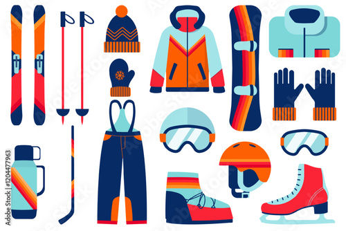 Winter Sports Equipment collection - snowboard, ski, clothes, skates, vector elements.
