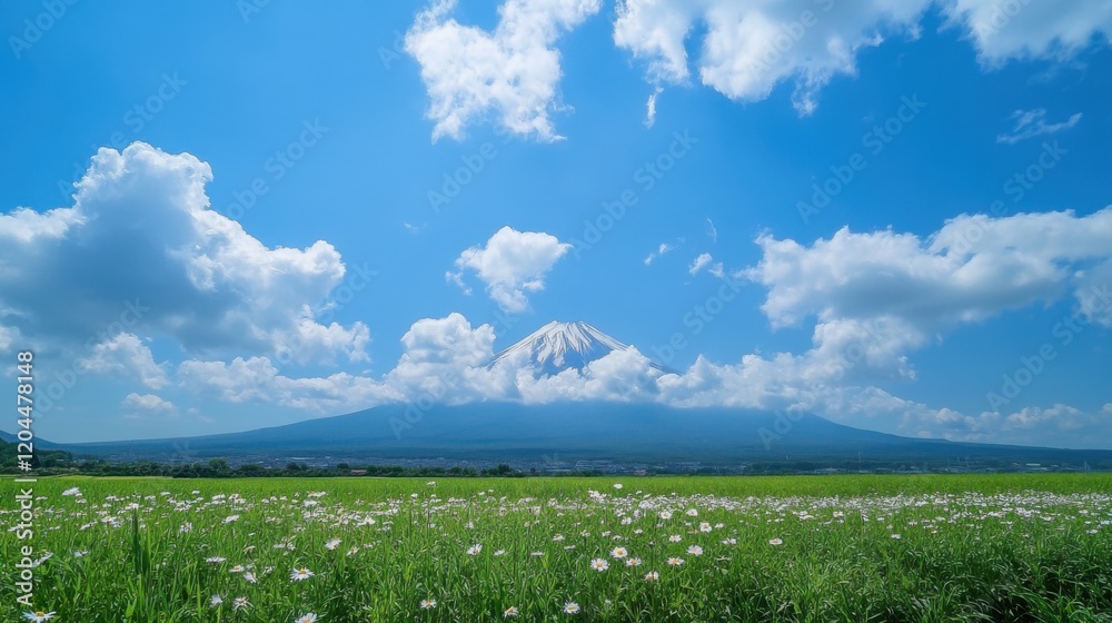 Fototapeta premium Charming summer landscape with daisies and blue sky
