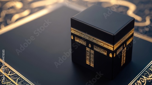 A Golden Embellished Kaaba Model Rests On A Dark Surface