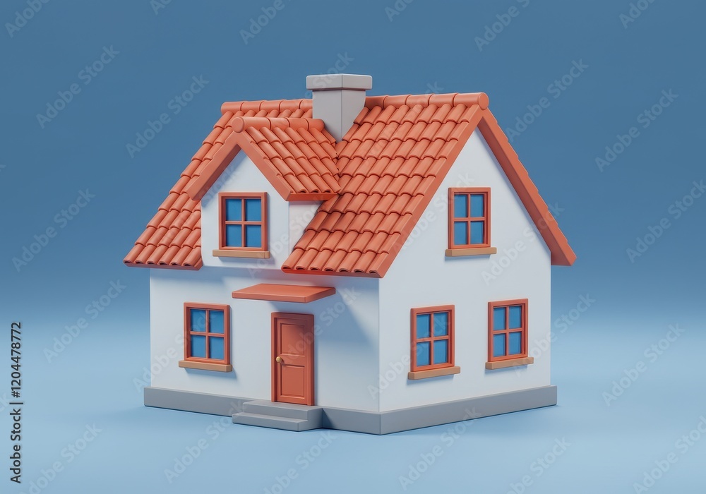 A 3D illustration of a cozy white suburban house with a red tiled roof and detailed windows A 3D illustration of a cozy white suburban house with a red tiled roof and detailed windows