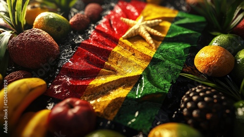 The West Indies flag artistically arranged with tropical fruits, showcasing its colors
