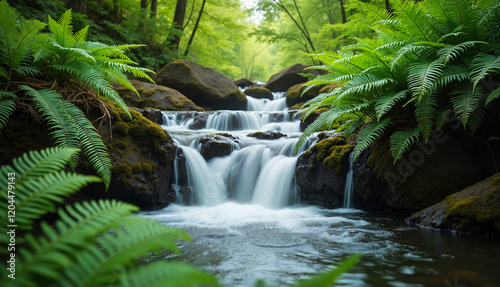 Serene waterfall flowing among green ferns in a lush forest, waterfall framed by ferns