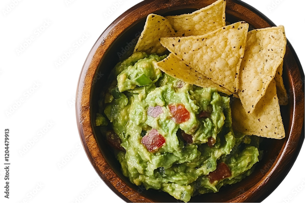 Creamy Guacamole with Crispy Tortilla Chips in Rustic Wooden Bow Creamy Guacamole with Crispy Tortilla Chips in Rustic Wooden Bow