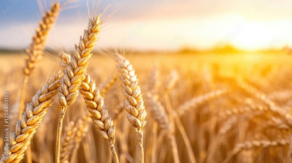 Fototapeta premium Golden wheat field at sunset; agricultural landscape
