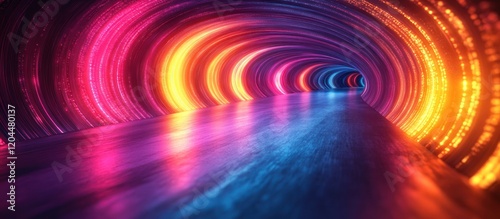 Abstract neon tunnel with vibrant colors and glowing lights.