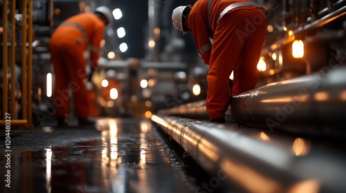 Two men in orange safety gear are working on a pipe. The image has a moody, industrial feel to it