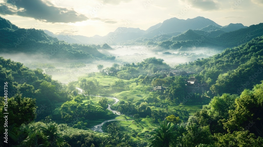 Obraz premium The Taiwan map projected onto a backdrop of rolling hills and lush greenery, creating a harmonious scene